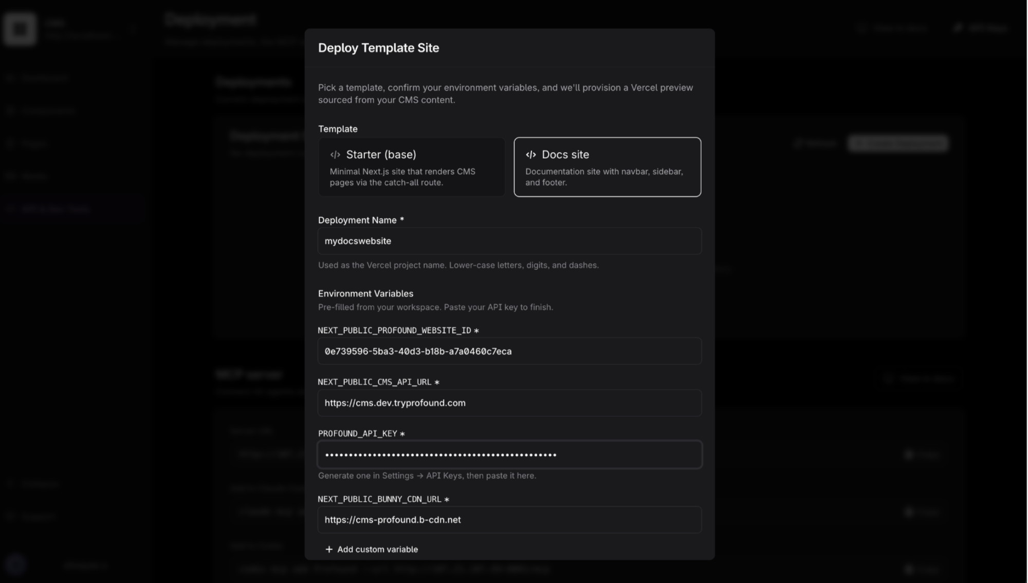 Dialog „Deploy Template Site“ mit ausgewählter Docs site und eingefügtem API-Schlüssel