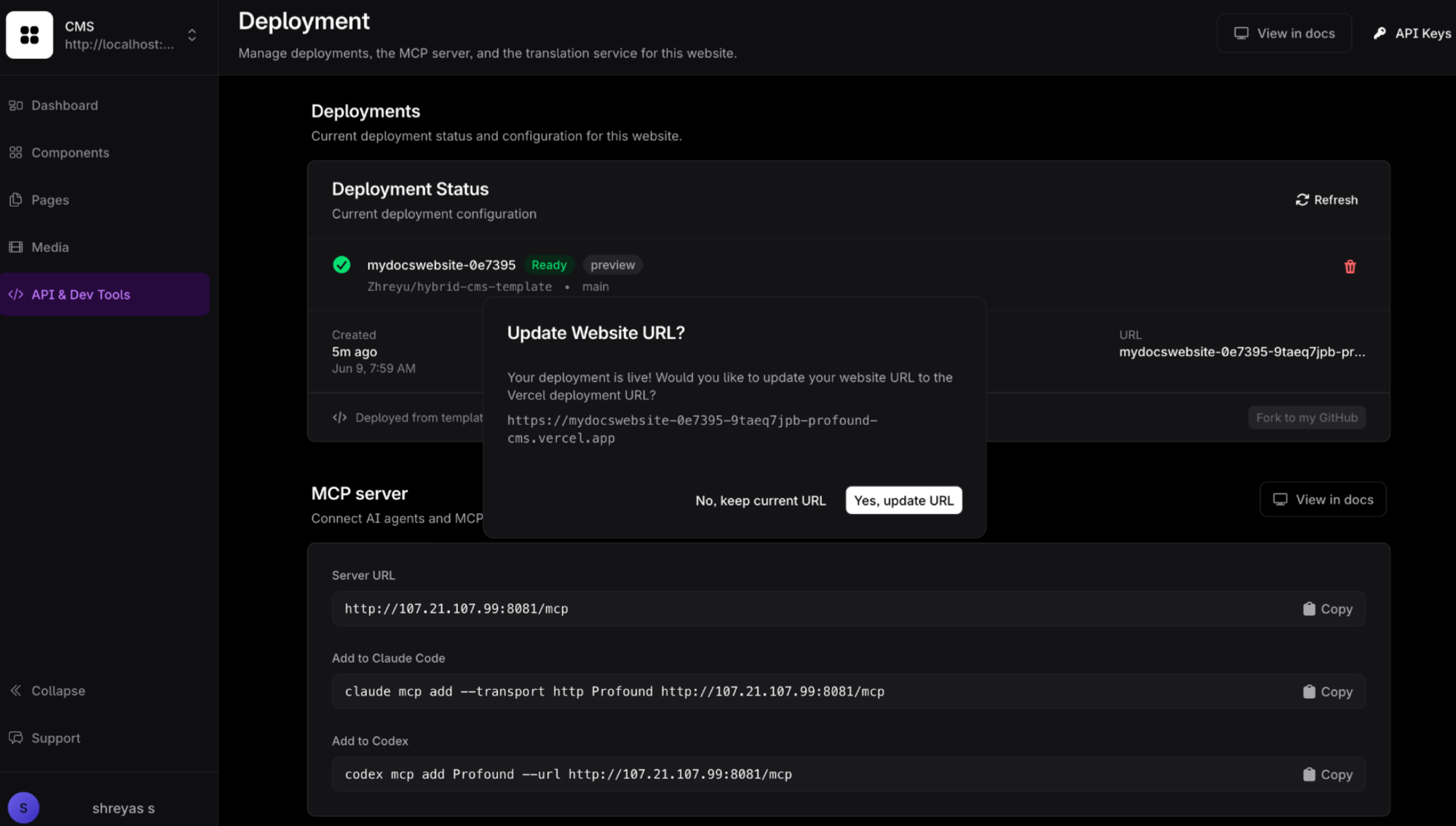Aufforderung „Update Website URL“ nach einer erfolgreichen Bereitstellung