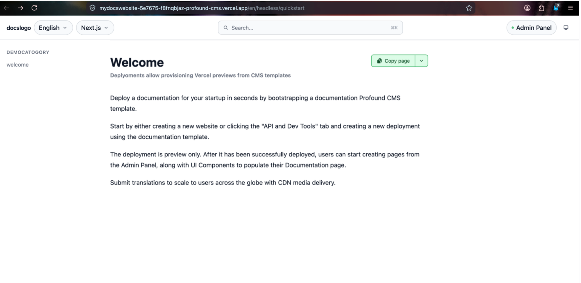 Live-Vorschau der veröffentlichten Seite /en/headless/quickstart im Browser