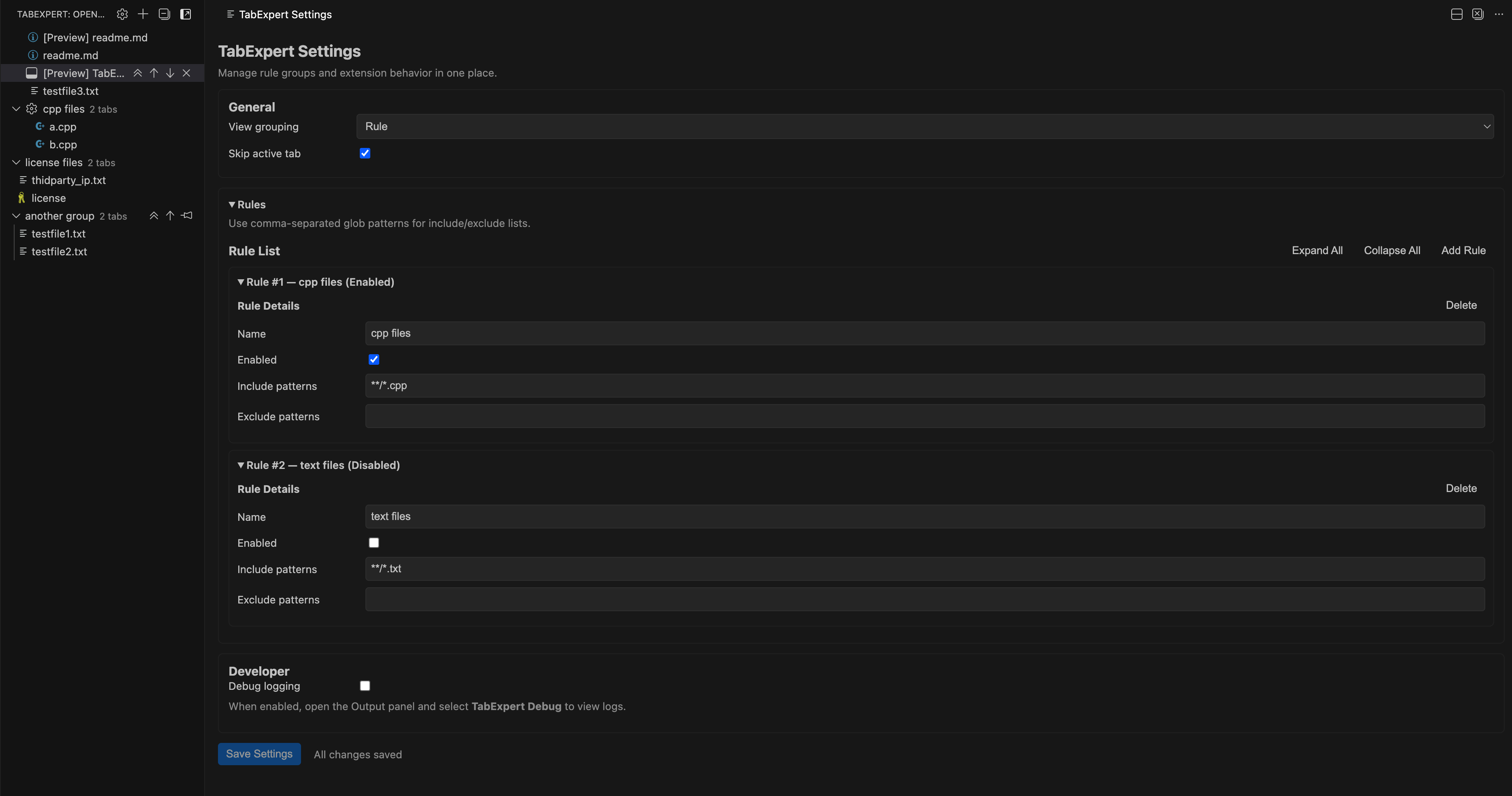 Settings and rule management
