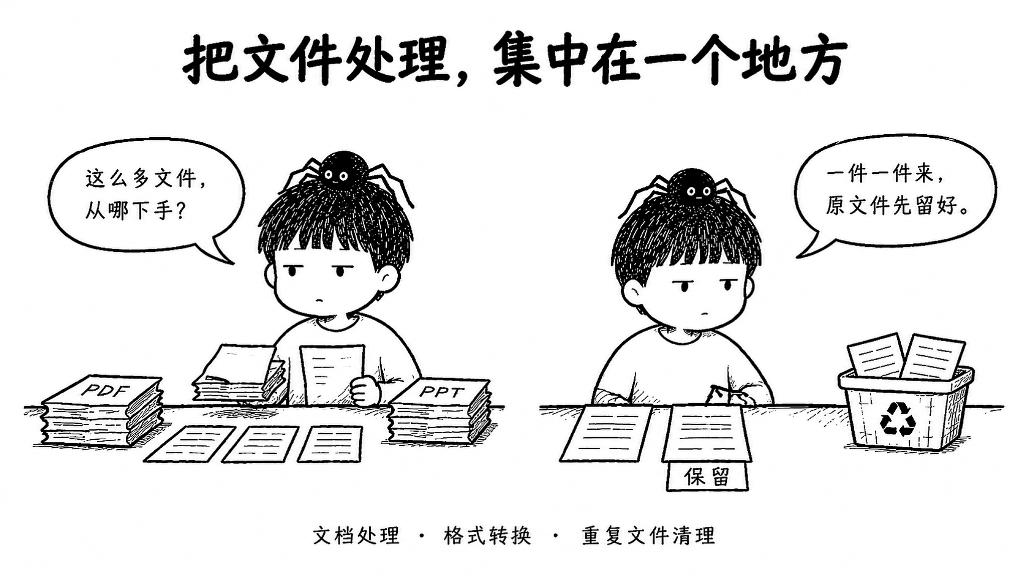 小男孩处理 PDF 和 PPT,蜘蛛在重复文件中保留一份
