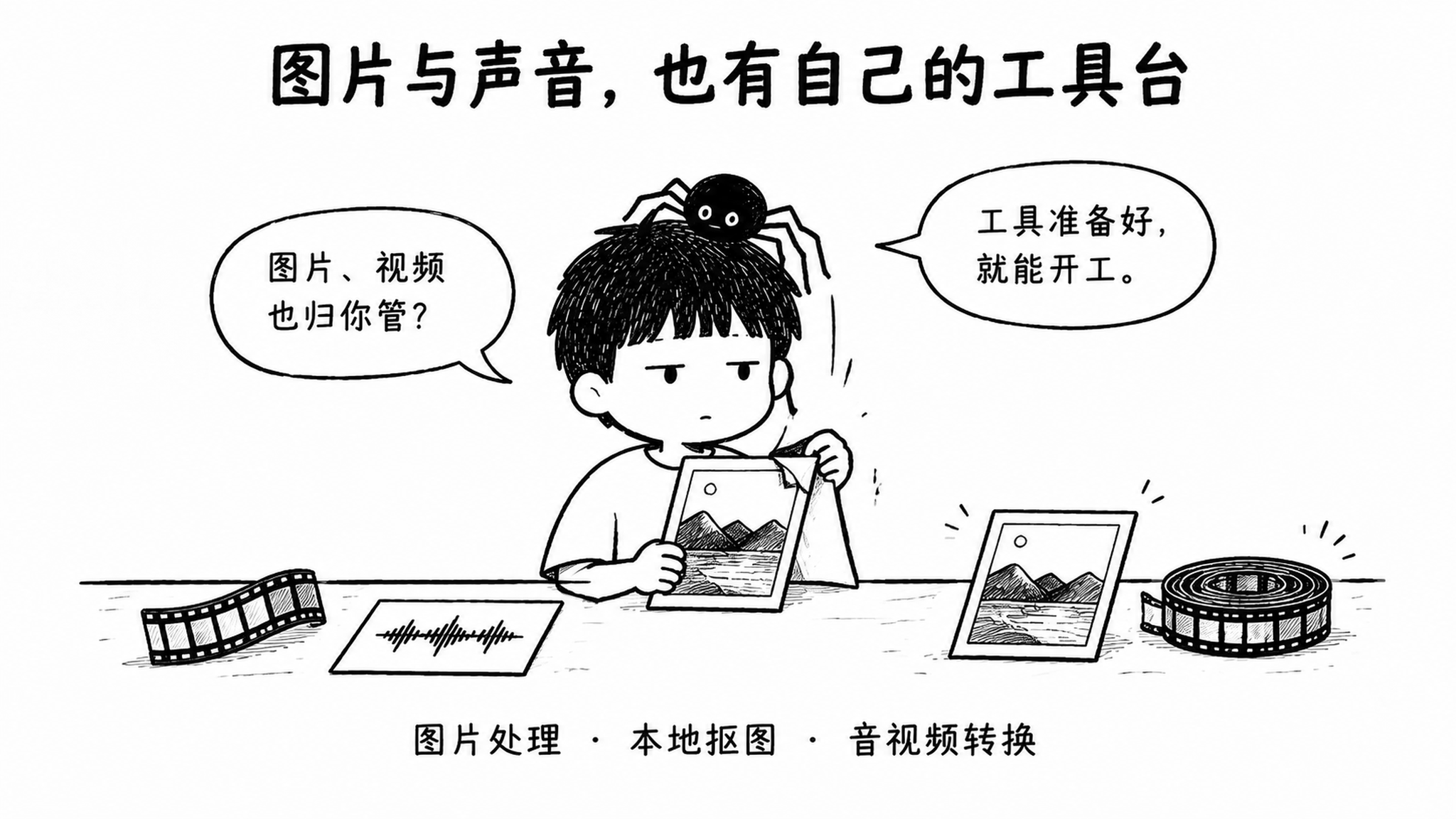 小男孩与蜘蛛在一个简洁工作台上处理图片、胶片和声波