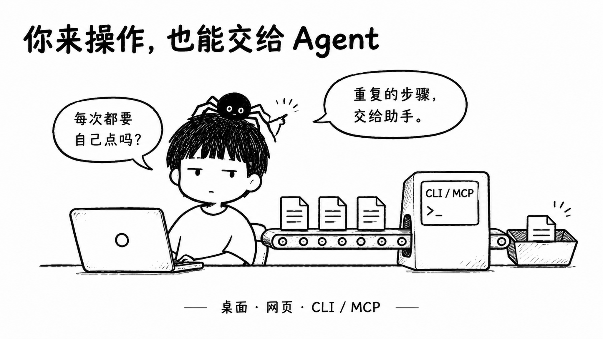 电脑旁的终端把文件任务送到工作台,小男孩与蜘蛛一起处理