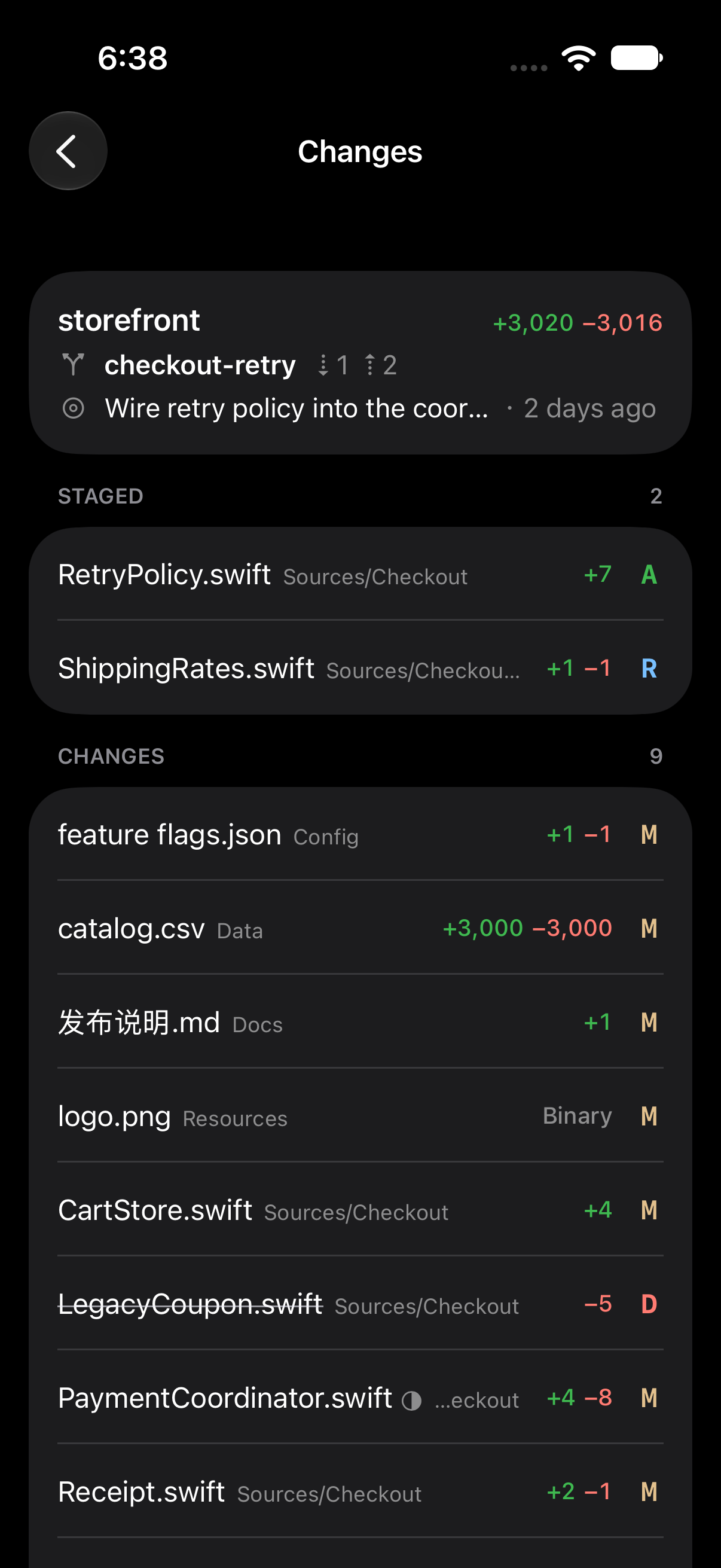 Changes listing a Checkout's staged and unstaged files on iPhone
