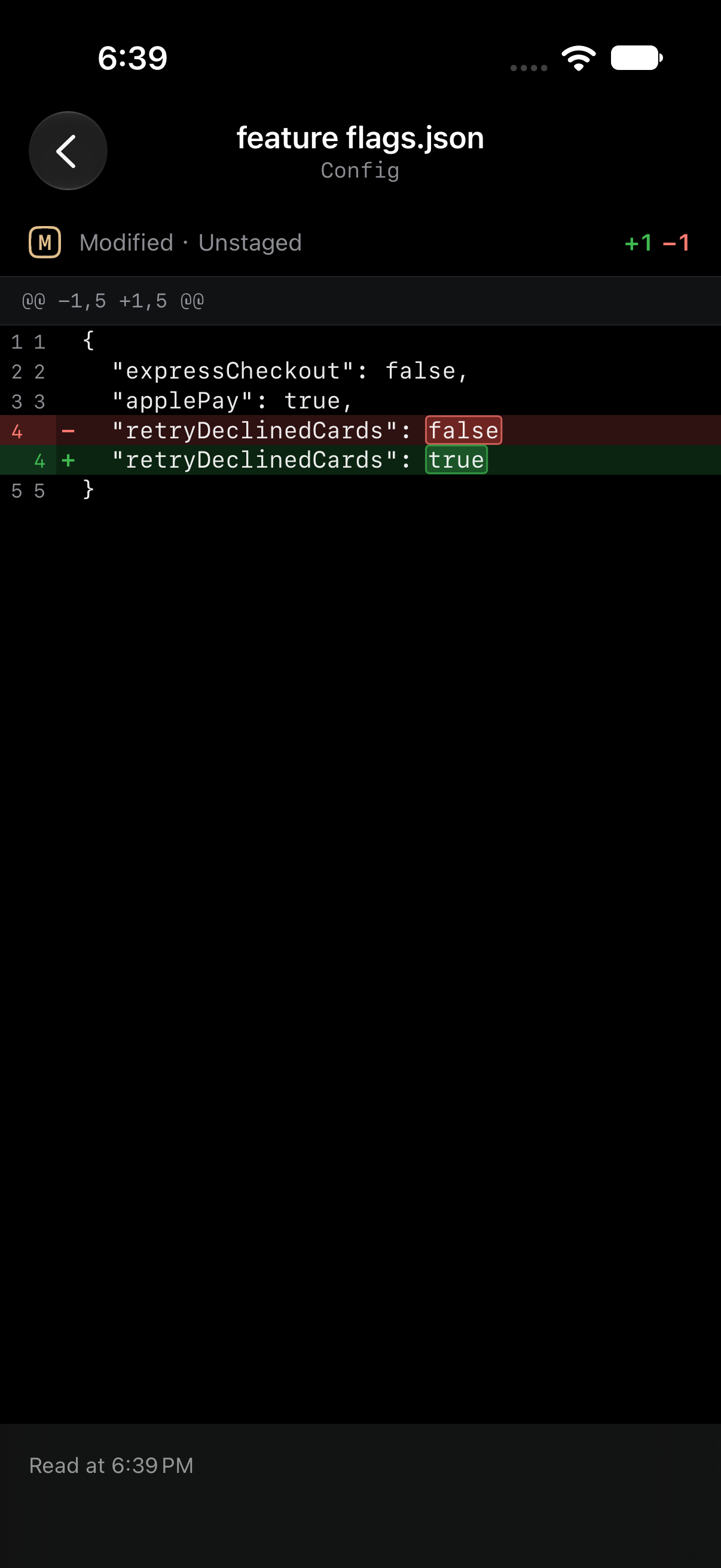 A changed JSON file with its edited words highlighted on iPhone