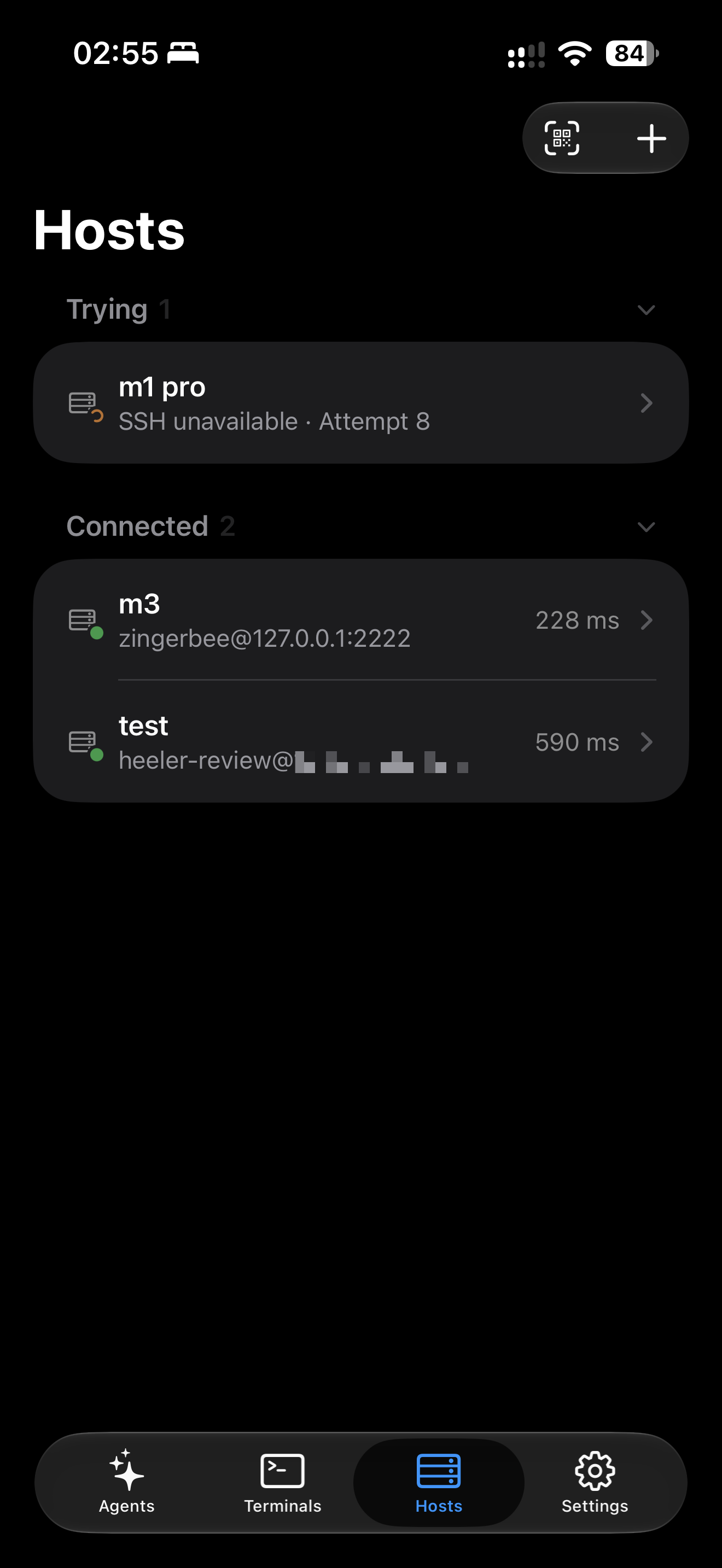 Hosts tab grouping Hosts by connection status with their latency on iPhone