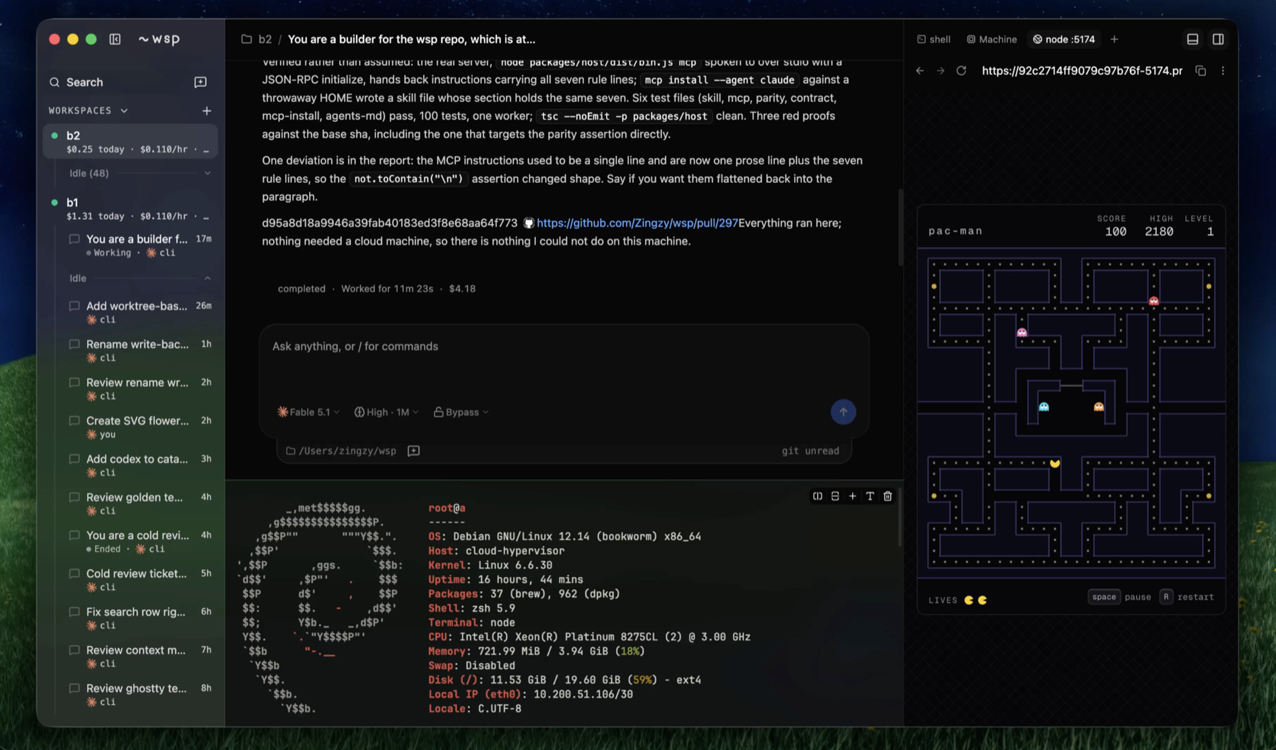 The wsp app: workspaces and their threads on the left, a thread and its composer in the center, a terminal and a browser tab on the machine to the right