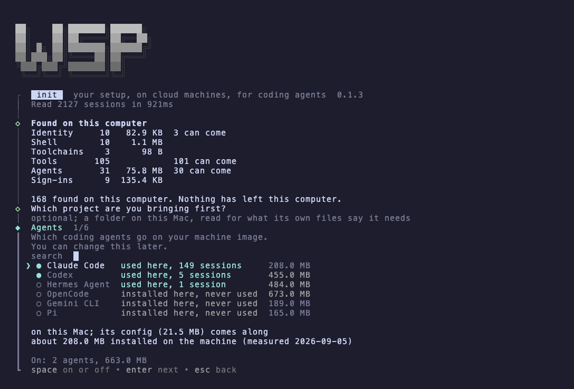 wsp init: the agents screen, ticked from what this computer runs