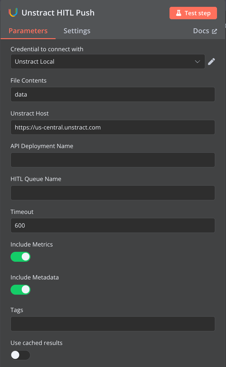 HITL Push node setup with queue configuration and document upload