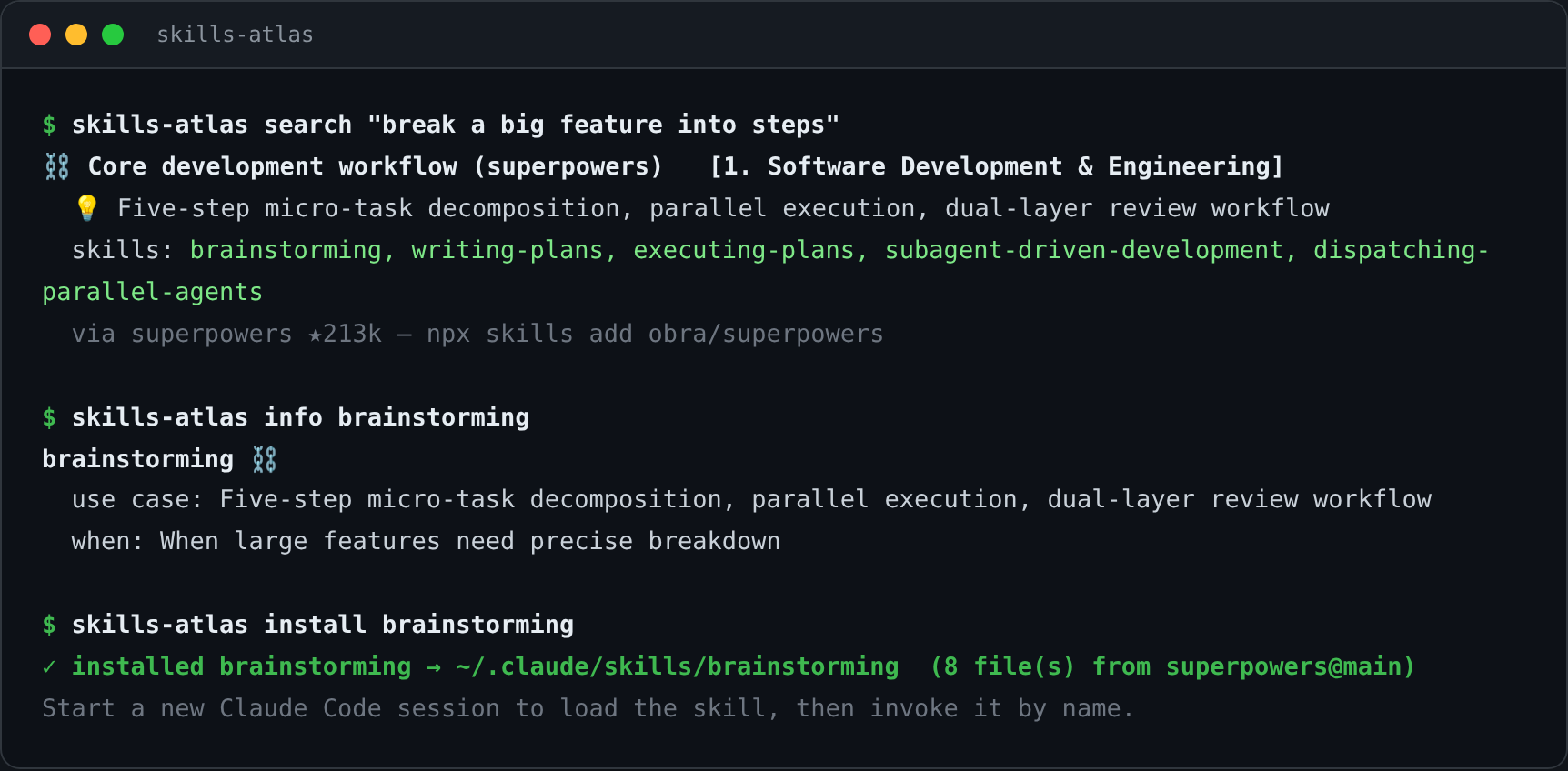 Skills Atlas CLI — search, info and install a skill from the shell