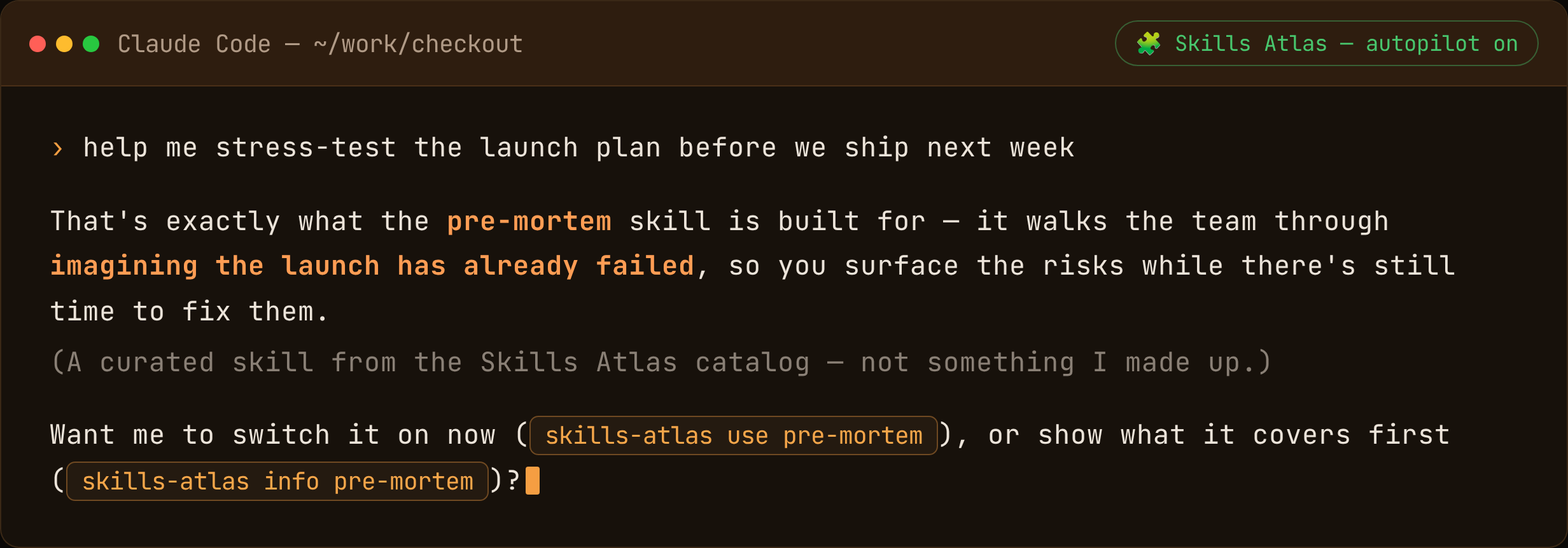 Skills Atlas plugin — the autopilot surfaces a fitting skill right in your Claude Code conversation