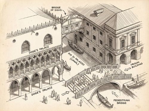 Create a hand drawn isometric schematic diagram of this street
