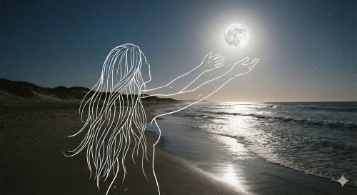 Generate a close-up shot of a long-haired woman on a moonlit beach at night, using hand-drawn white outlines to depic…