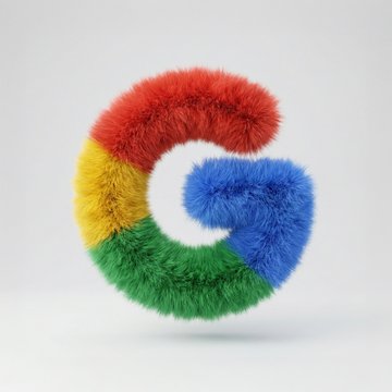 Transform Google's G logo into a soft, 3D fluffy object. Use the exact colors. The shape is fully covered in fur, wit…