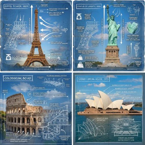 Create an infographic image of , combining a real photograph of the landmark with blueprint-style technical annotatio…