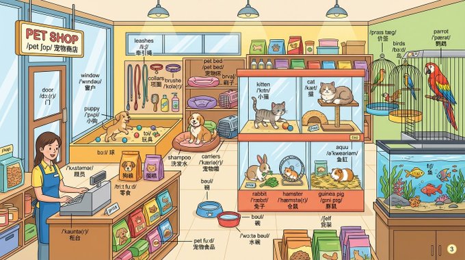 Draw a detailed scene and label every object with English words. Label format: - First line: English word - Second li…