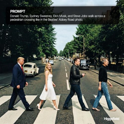 Donald Trump, Sydney Sweeney, Elon Musk, and Steve Jobs walk across a pedestrian crossing like in the Beatles' Abbey…