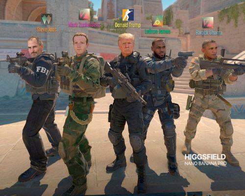 show Steve Jobs, Mark Zukberg, Donald Trump, Lebron James and Obama together as policemen in CS2 game
