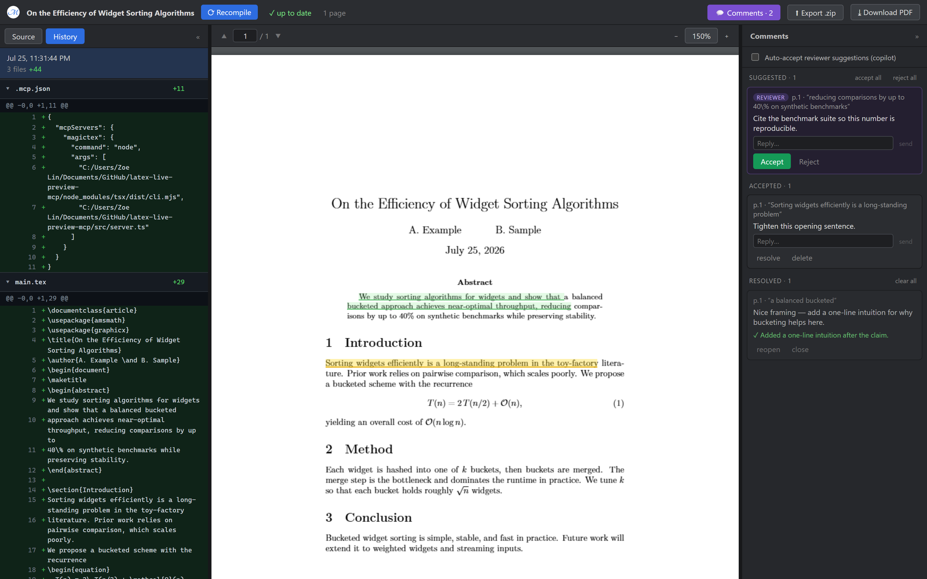 The MagicTeX workspace: file tree, source editor, live PDF, and a reviewer comment