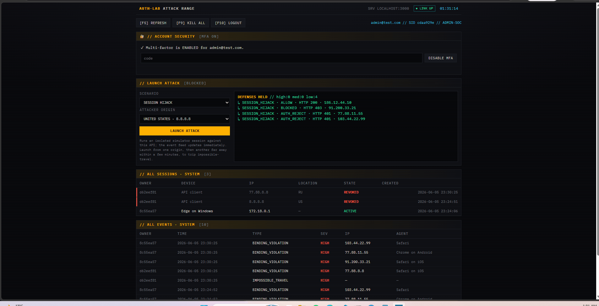 Auth-Lab attack simulator running scripted attack scenarios with PASS/FAIL verdicts.