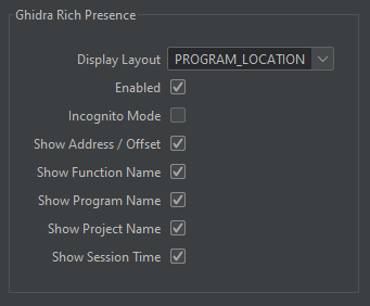 Ghidra Rich Presence plugin options in Ghidra