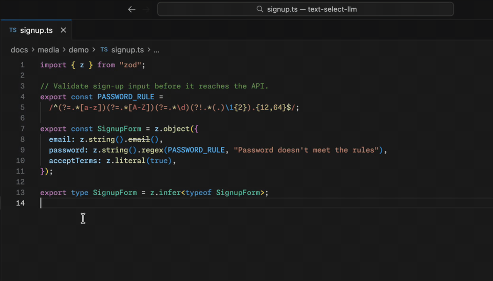 Selecting a regular expression in a code editor, pressing Option-Space, and reading Squint's explanation as it streams into a small panel at the cursor