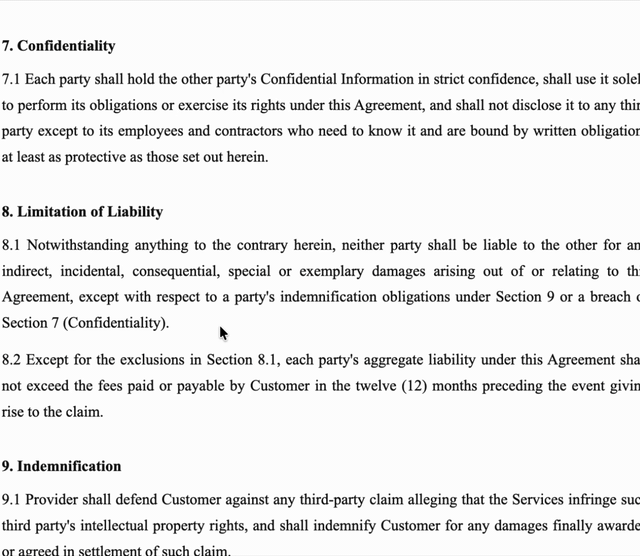 Selecting a dense contract clause and reading Squint's plain-English explanation
