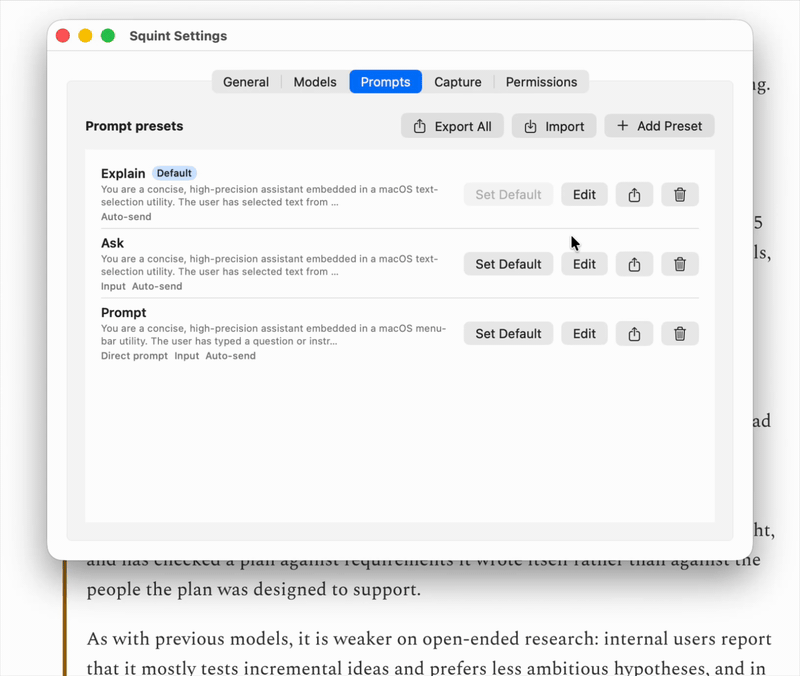 Creating a 'spanish' preset in Squint's Settings with its own system prompt and global hotkey, then selecting a word in an article and translating it with that hotkey