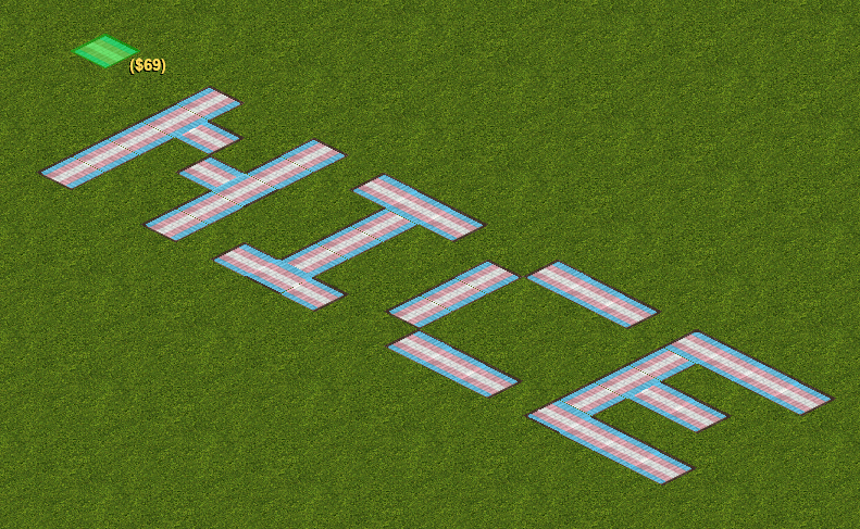 Zoo Tycoon screenshot of a trans pride path spelling out "NICE"