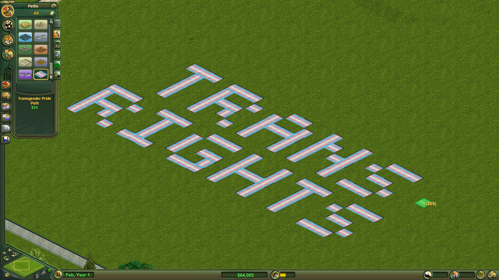 Screenshot of Zoo Tycoon with trans pride flags spelling out "TRANS RIGHTS"