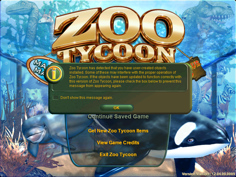 Screenshot of Zoo Tycoon Complete Collection main menu with the message written above displayed