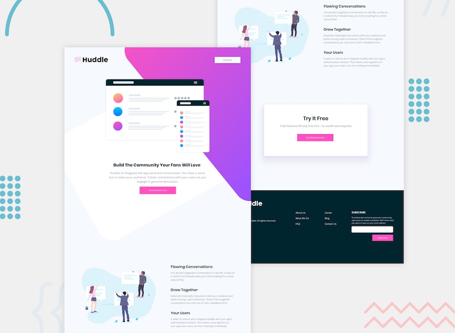 Design preview for the Huddle landing page with coded decorative elements challenge