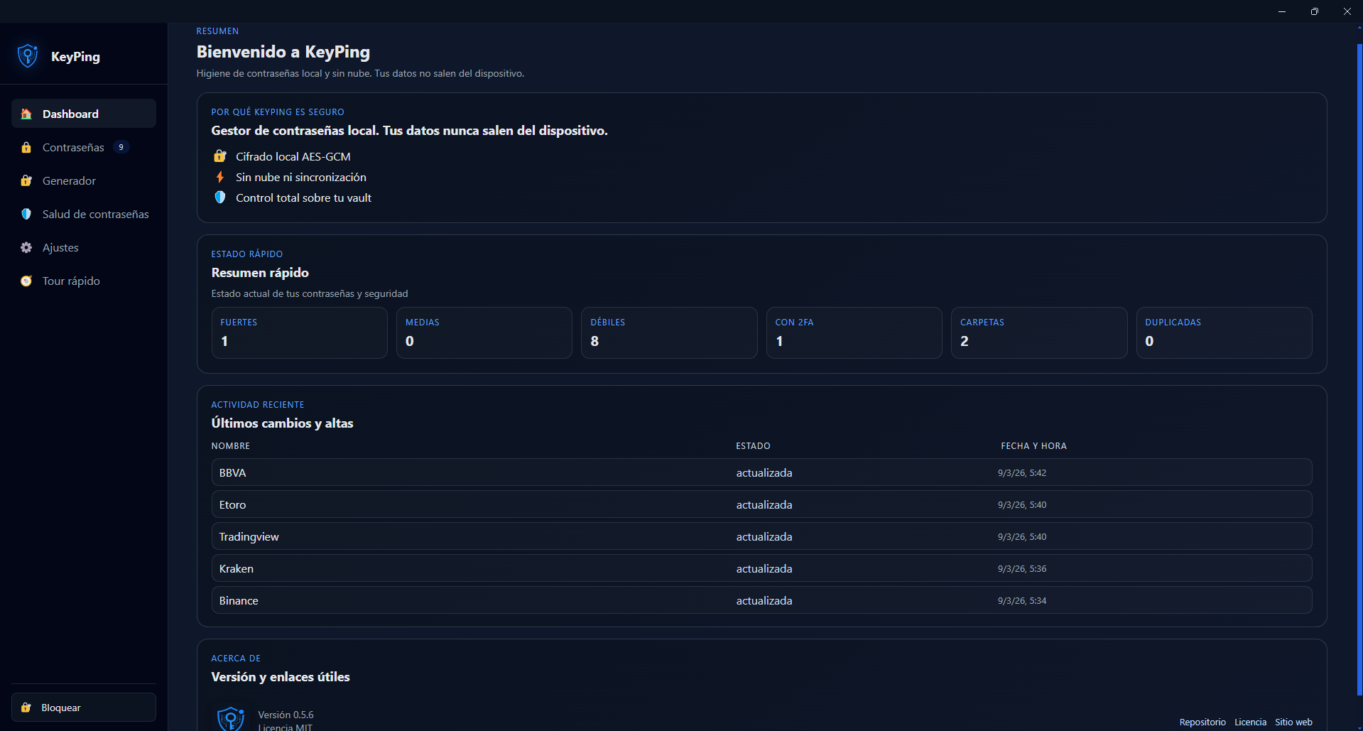 KeyPing initial dashboard view