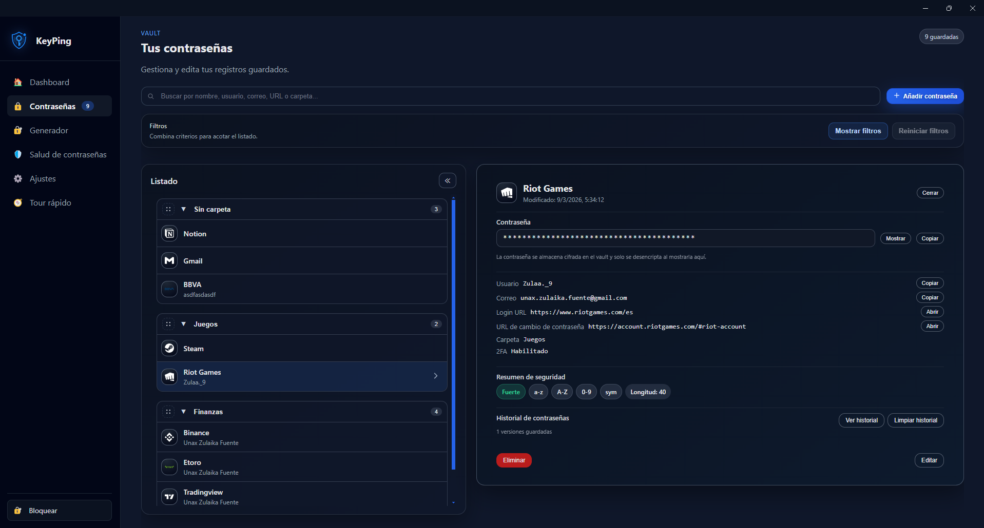 KeyPing password list and details panel