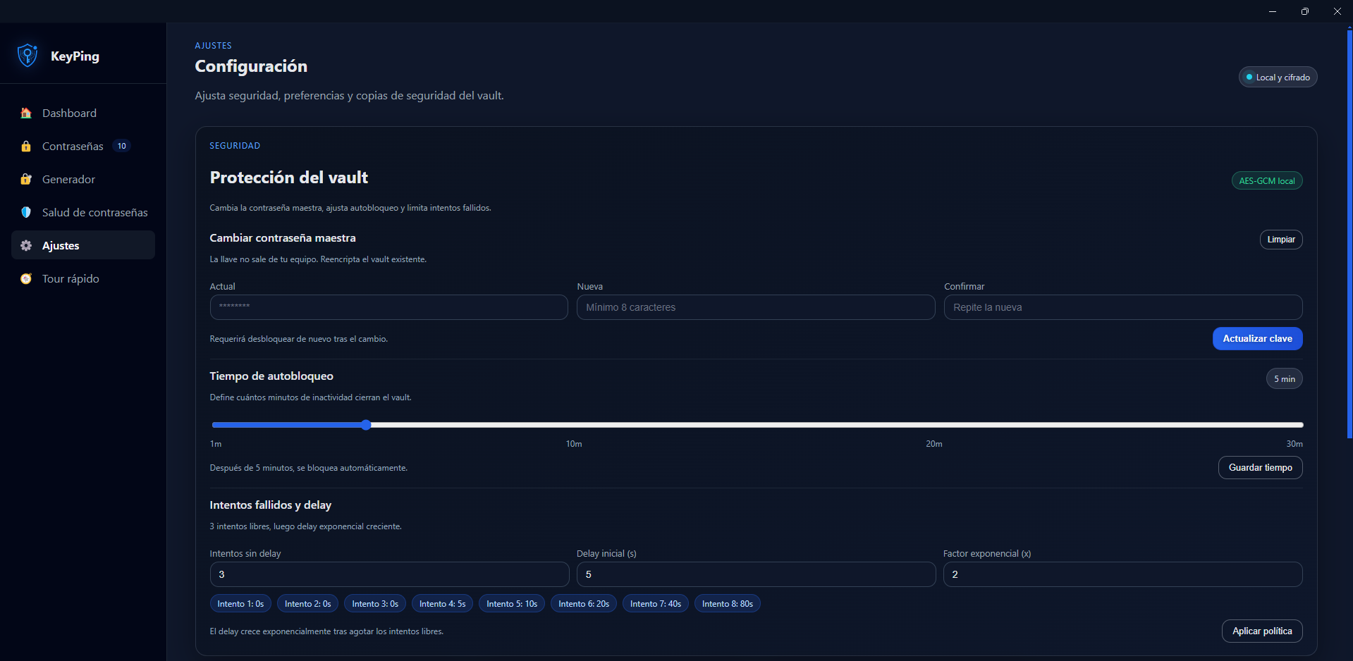 KeyPing settings panel