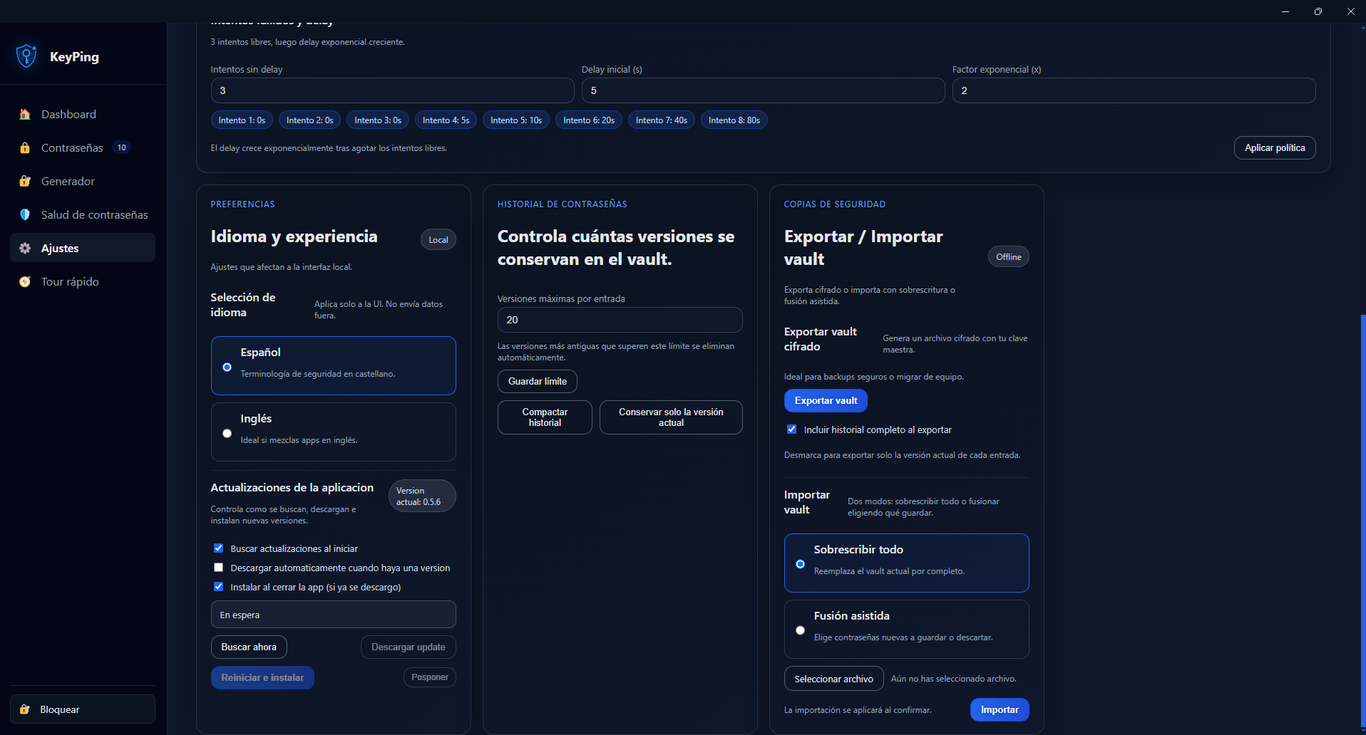 KeyPing advanced settings panel
