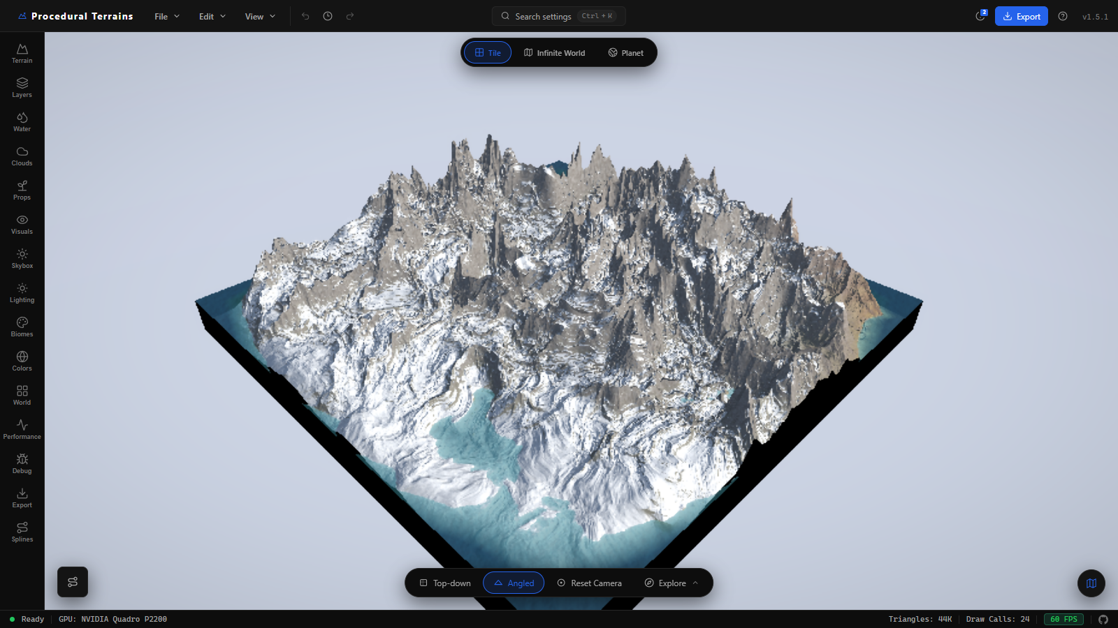 Terrain studio with a generated mountain world