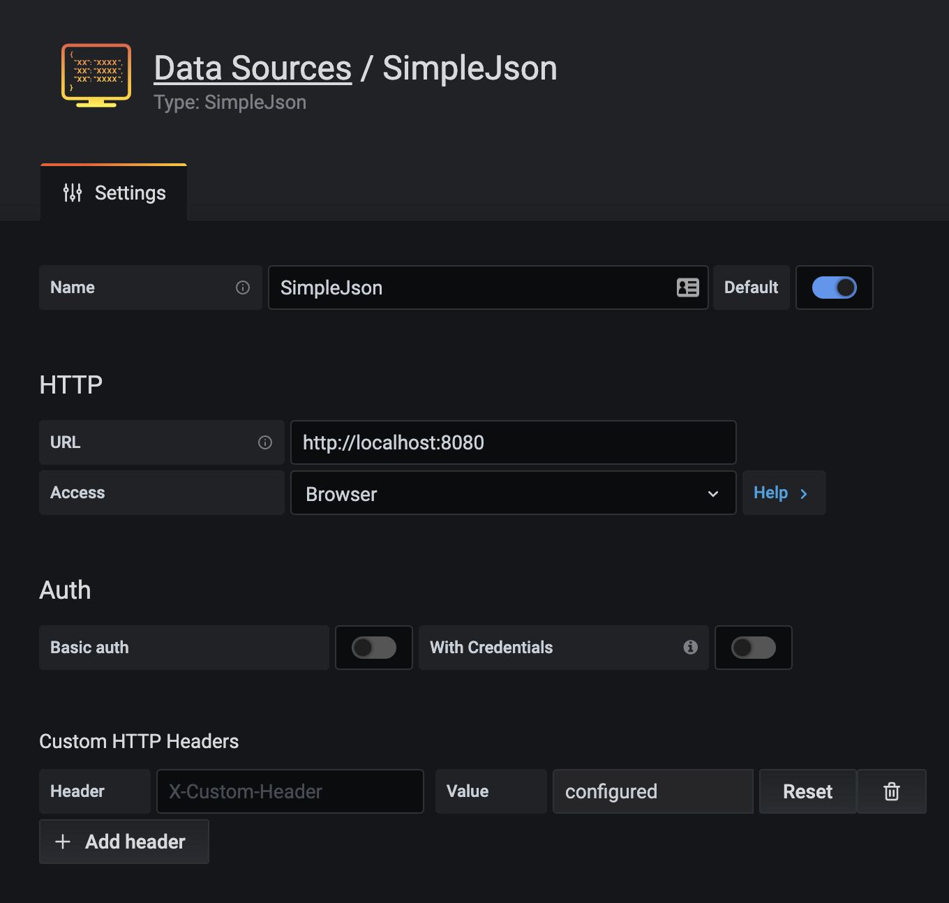 Simple Json datasource settings