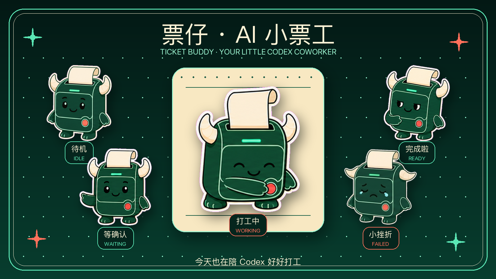 票仔 AI 小票工的待机、打工、等待确认、完成和失败状态