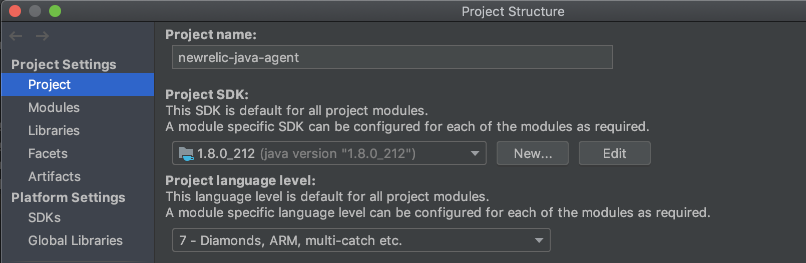 IntelliJ screen shot for Project SDK and Language Level