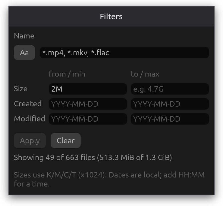 The Filters window: name patterns, a size range and dates, showing 49 of 663 files