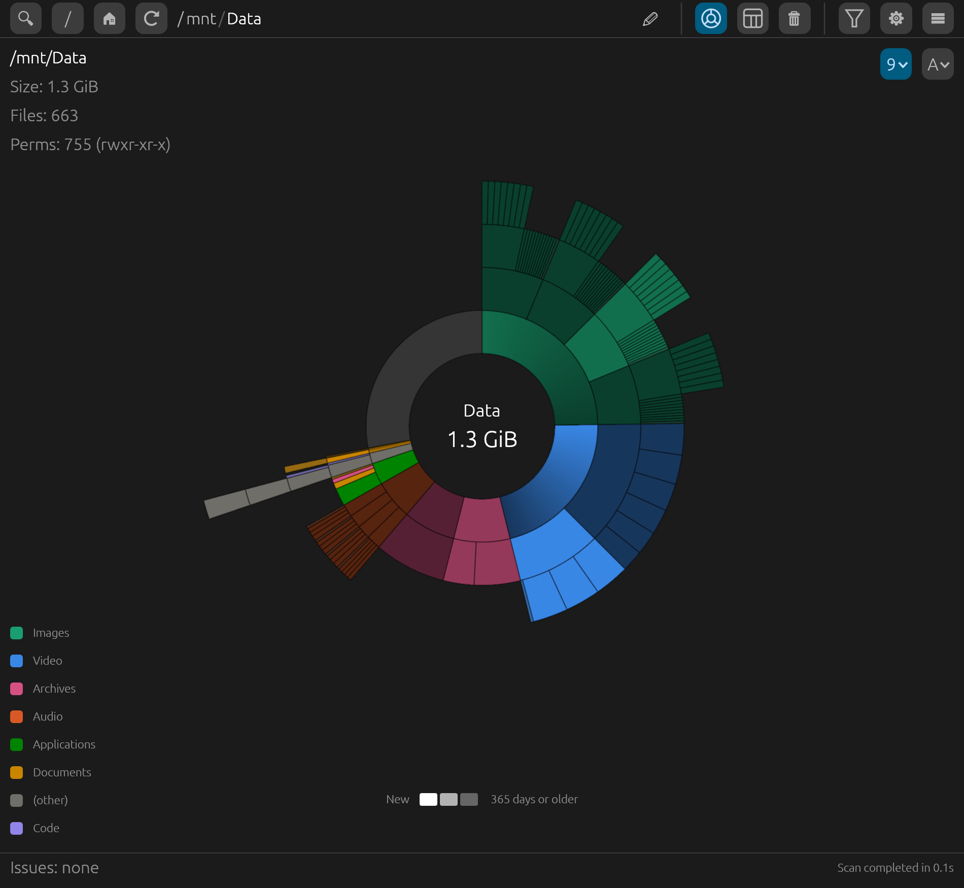SpaceScan chart view: a drive as a sunburst chart, colored by file category