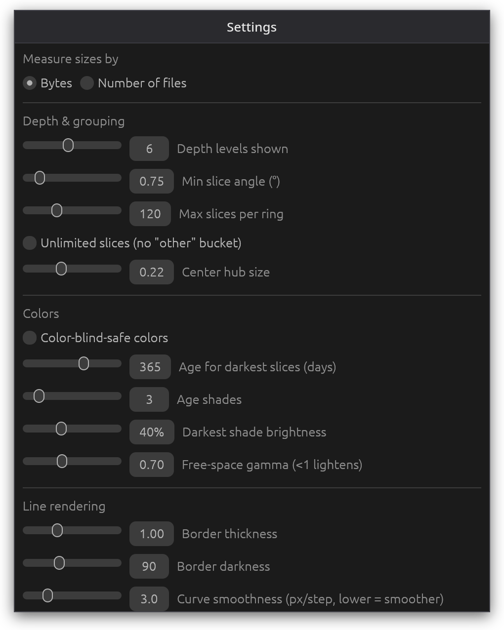 The Settings window: measure by bytes or files, chart depth and grouping, colors and age shades, line rendering
