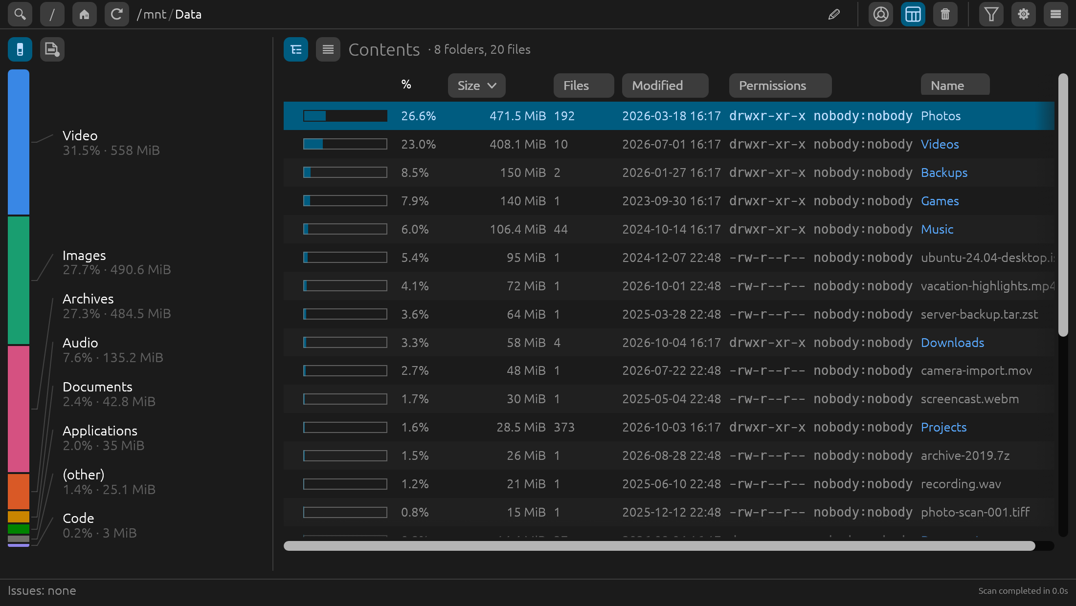 SpaceScan table view: the category bar on the left, the folder contents on the right