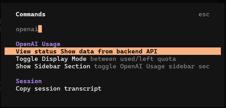 Command palette with OpenAI Usage commands