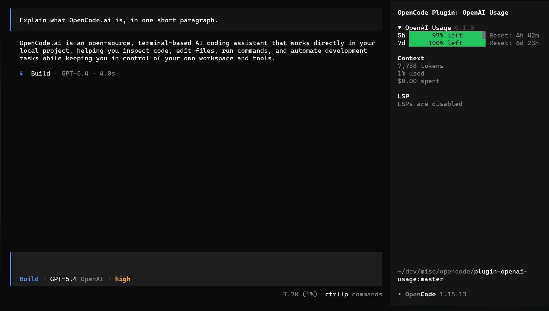 OpenAI Usage sidebar showing active usage windows