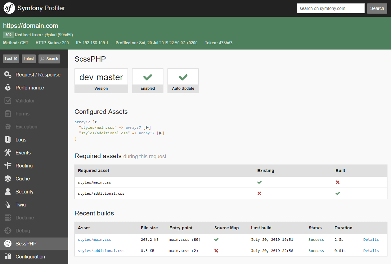 ScssPHP profiler panel.