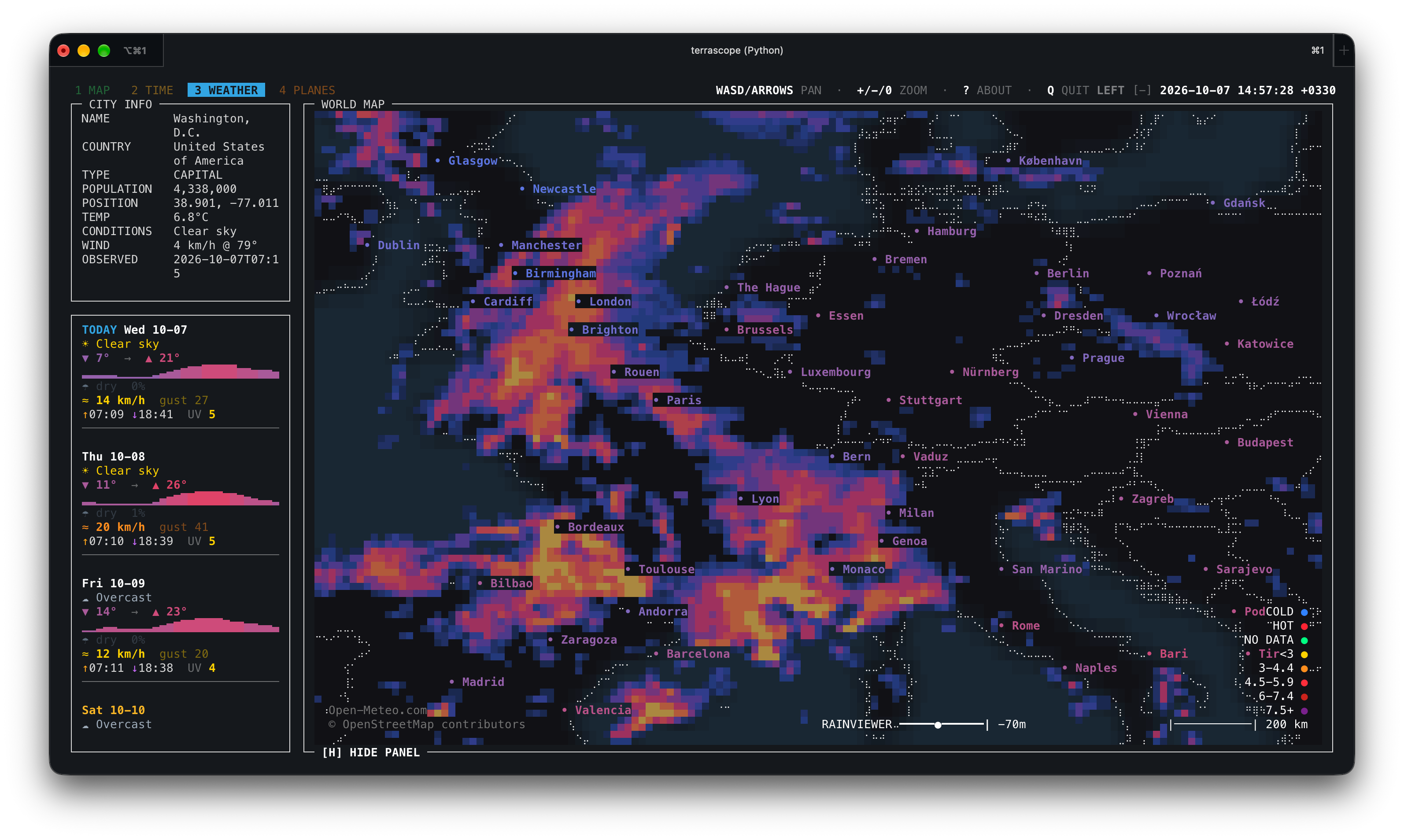Europe weather view with radar close-up