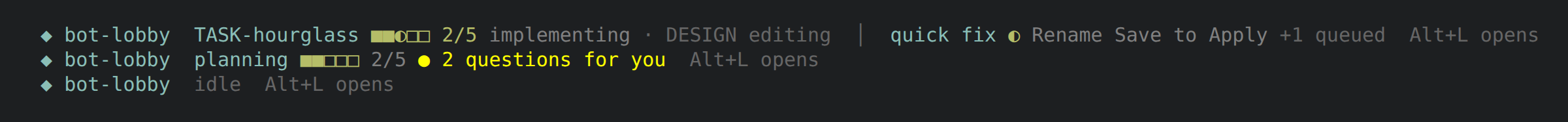 The status line under the editor while the lobby is hidden: a task, planning, idle