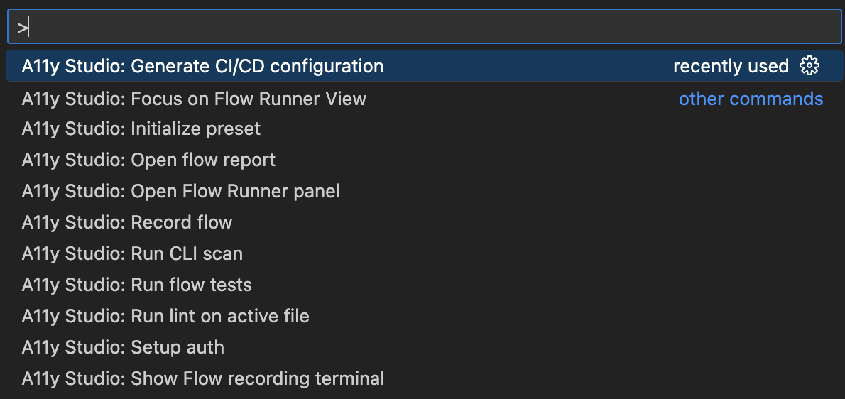 Command Palette filtered to A11y Studio commands including Flow Runner and Run CLI scan